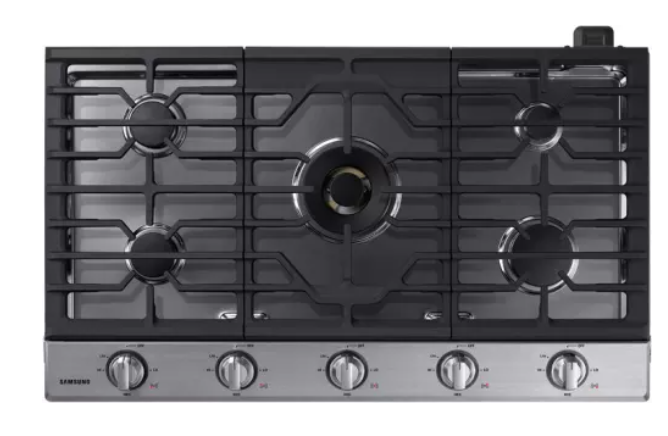 Samsung NA36N7755TS 36 Inch Smart Gas Cooktop with 5 Sealed Burner, Continuous Grates, 22K BTU Dual-Ring Burner, Removable Griddle