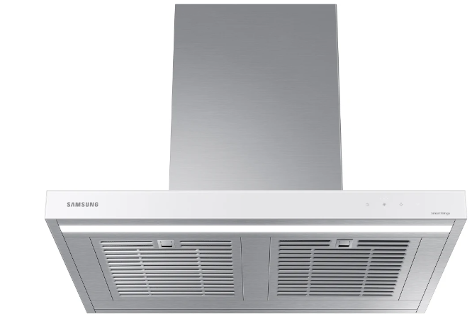 Samsung BESPOKE NK30CB600W12 30 Inch Smart Wall Mount Chimney Range Hood with 630 CFM Fan, 4 Speeds, 52 dBA, Wi-Fi Connectivity, LED Bar Lighting