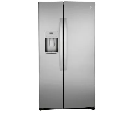 GE GZS22IYNFS 36 Inch Counter Depth Freestanding Side by Side Refrigerator with 21.8 Cu. Ft. Total Capacity, Showcase LED Lighting, External Filtered Water/Ice Dispenser, Advanced Water Filtration