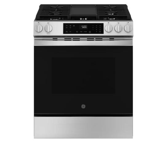 GE 500 Series GGS500PVSS 30 Inch Slide-In Gas Range with 5 Sealed Burners, 5.3 cu. ft. Oven Capacity, Power Boil™ Burner, Griddle