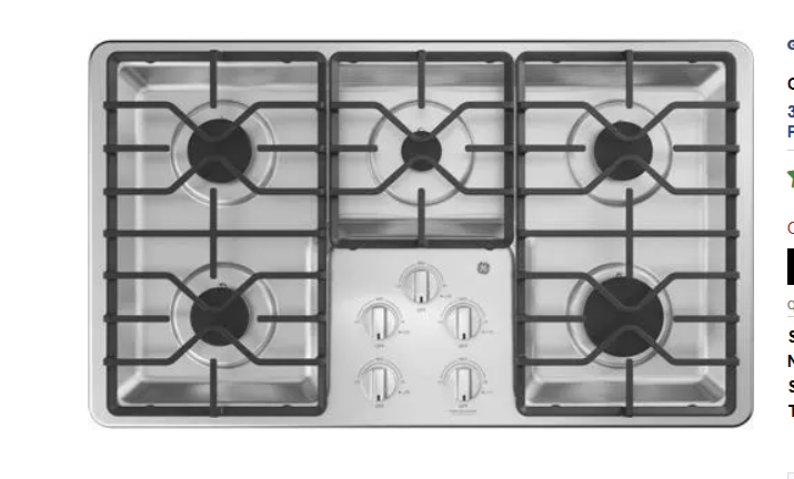 GE JGP3036SLSS 36 Inch Gas Cooktop with 5 Sealed Burners, Dishwasher Safe Continuous Grates, Power Boil Burner, Precise Simmer Burner, and ADA Compliant