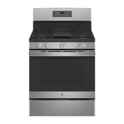 GE JGBS86SPSS 30 Inch Double Oven Gas Range with 5 Sealed Burners, 6.8 Cu. Ft. Total Capacity, Dishwasher Safe Continuous Cast Iron Grates